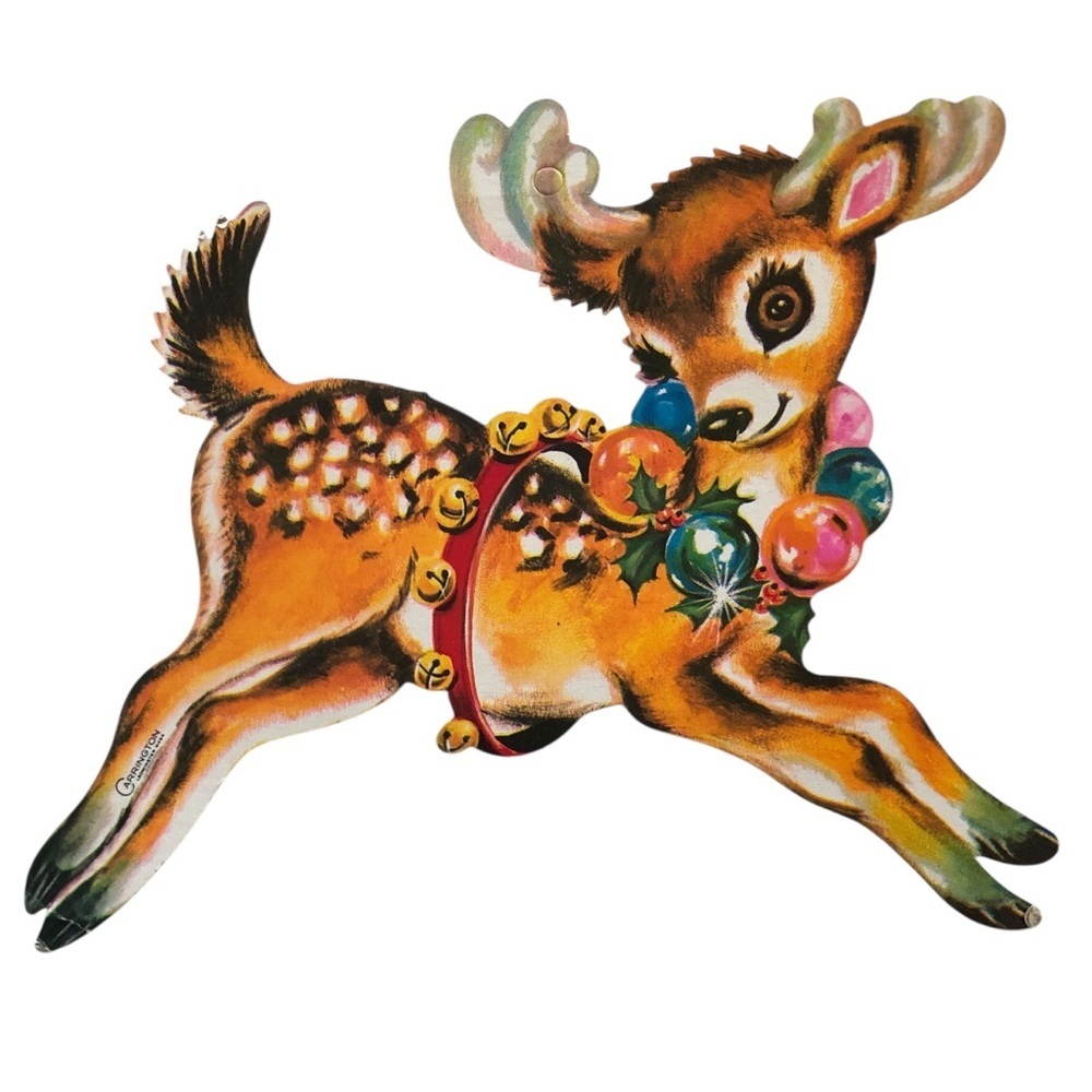 VINTAGE 60s Carrington Christmas Reindeer Fawn Jingle Bells Holly Small Die Cut